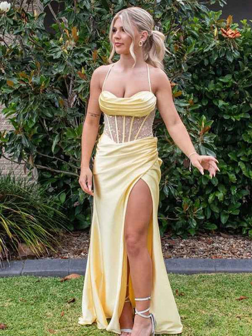 Yellow Mermaid Scoop Neck Satin Long Prom Dress with Slit BMBRIDE