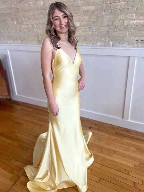 Yellow Mermaid Spaghetti Strap Criss-Cross Back Prom Dress BMBRIDE