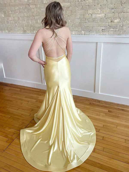 Yellow Mermaid Spaghetti Strap Criss-Cross Back Prom Dress BMBRIDE