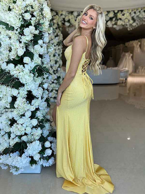 Yellow Mermaid Spaghetti Straps Corset Beaded Long Prom Dress with Slit BMBRIDE