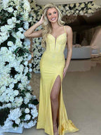 Yellow Mermaid Spaghetti Straps Corset Beaded Long Prom Dress with Slit