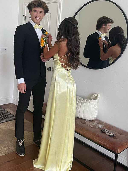 Yellow Mermaid Spaghetti Straps Prom Dress With Slit BMBRIDE