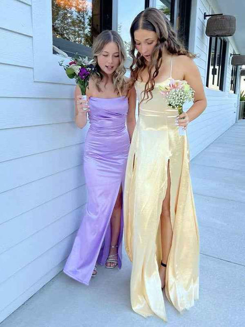 Yellow Mermaid Spaghetti Straps Prom Dress With Slit BMBRIDE