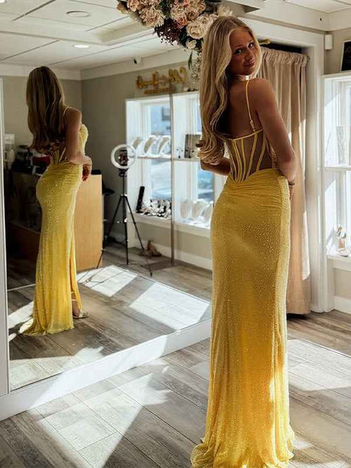 Yellow Mermaid Spaghetti Straps Sweetheart Sequins Long Prom Dress with Slit BMBRIDE