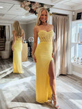 Yellow Mermaid Spaghetti Straps Sweetheart Sequins Long Prom Dress with Slit