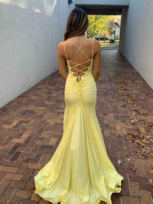 Yellow Mermaid Spaghetti Straps V Neck Satin Long Prom Dress with Slit BMBRIDE