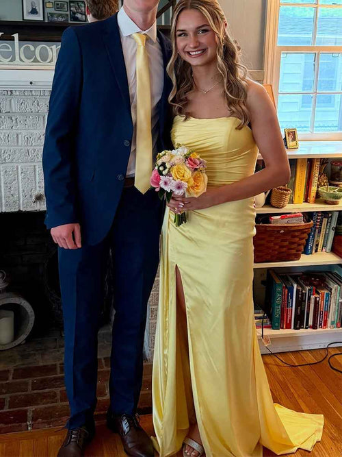 Yellow Mermaid Strapless Long Prom Dress with Slit BMBRIDE