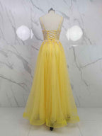 Yellow Metallic Lace Appliqu¡§| Tulle Long Prom Dress with Slit