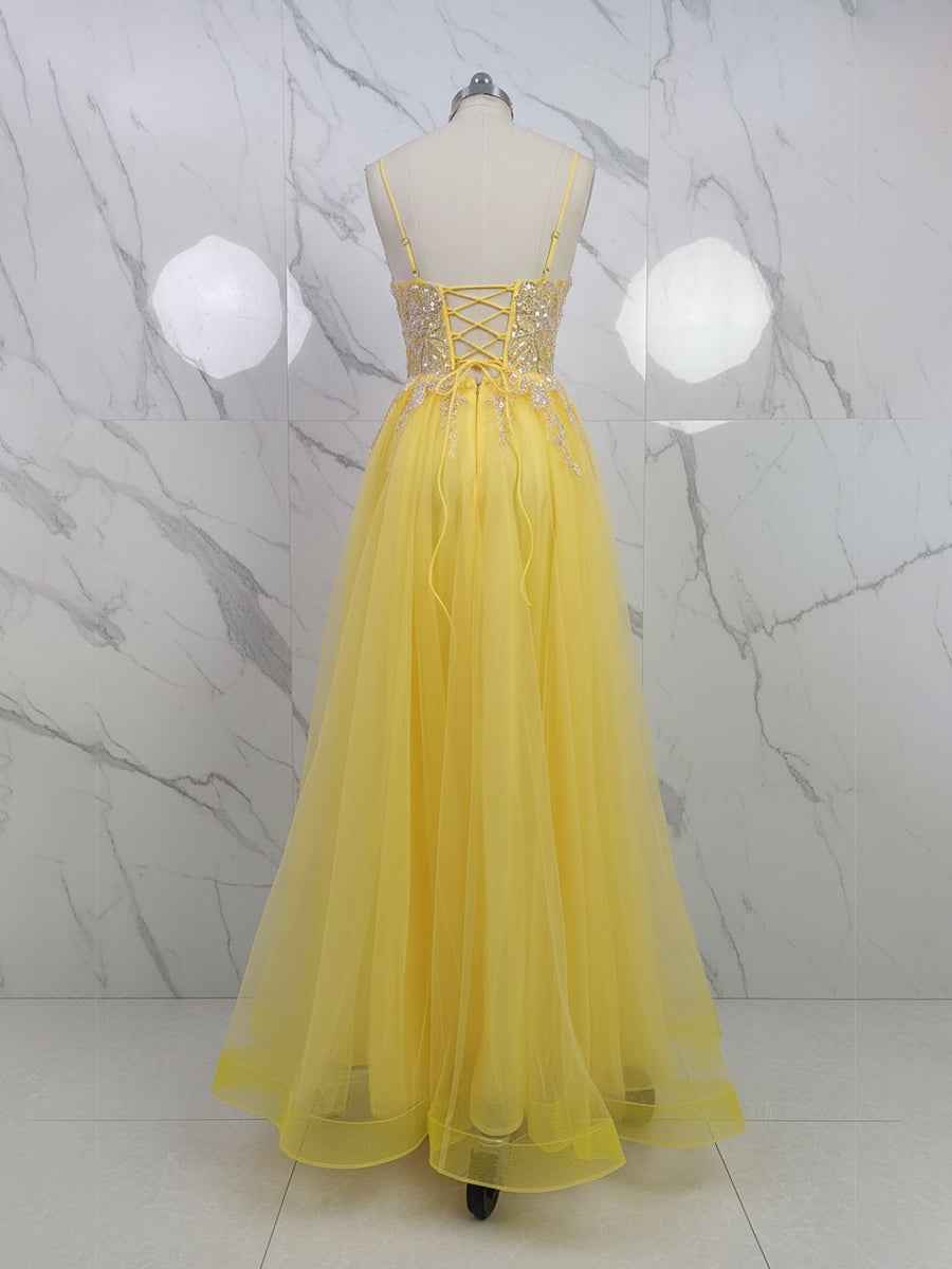 Yellow Metallic Lace Appliqu¡§| Tulle Long Prom Dress with Slit