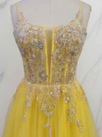 Yellow Metallic Lace Appliqu¡§| Tulle Long Prom Dress with Slit