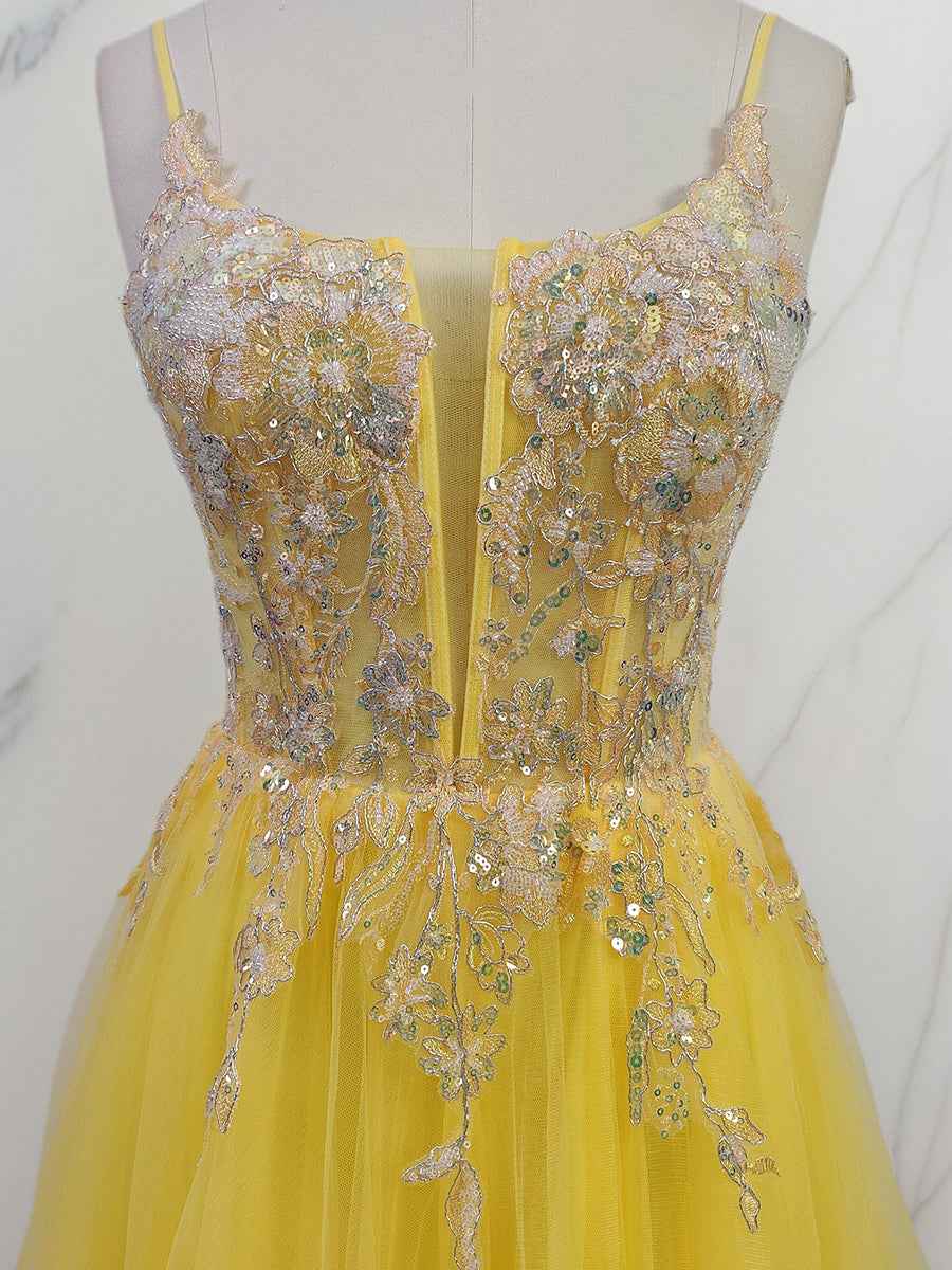 Yellow Metallic Lace Appliqu¡§| Tulle Long Prom Dress with Slit