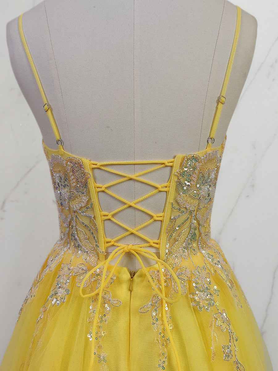 Yellow Metallic Lace Appliqu¡§| Tulle Long Prom Dress with Slit