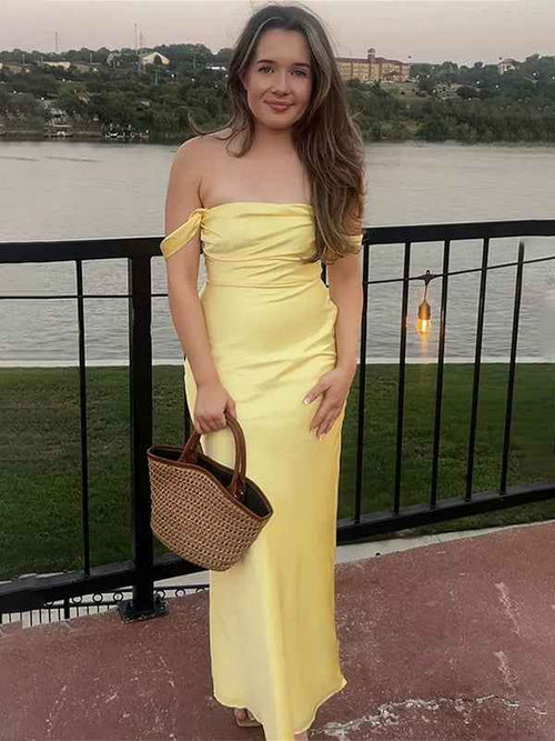 Yellow Off the Shoulder Sheath Long Party Maxi Dress BMBRIDE