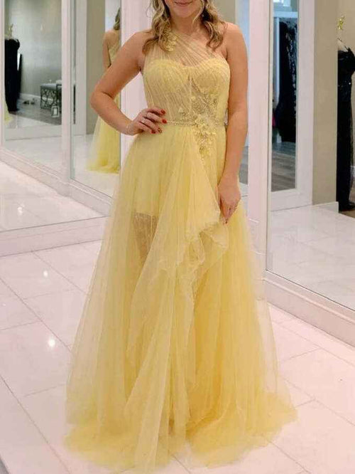 One Shoulder Tulle Long Prom Homecoming Dress with Flowers BMBRIDE