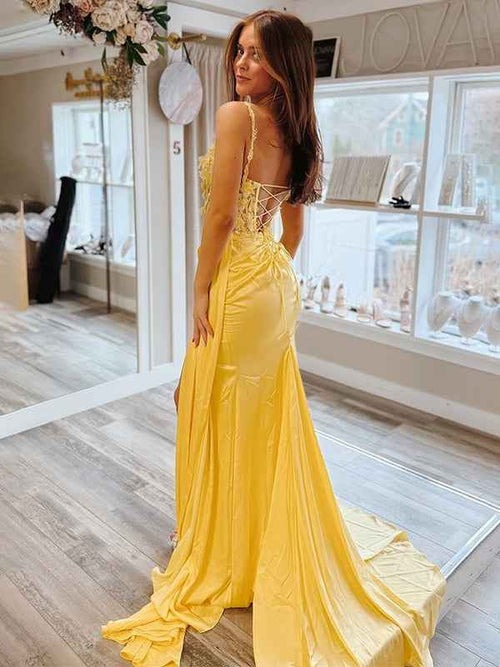 Yellow Sheath Mermaid Sweetheart Satin Appliqued Long Prom Dress with Slit BMBRIDE