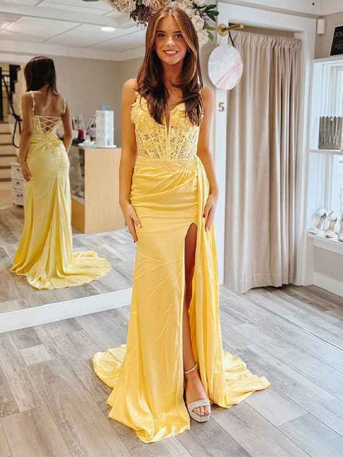 Yellow Sheath Mermaid Sweetheart Satin Appliqued Long Prom Dress with Slit BMBRIDE