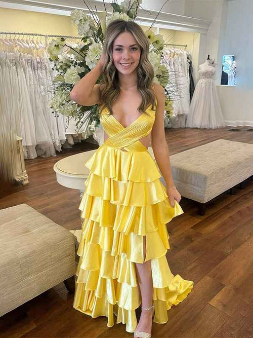 Yellow Spaghetti Straps V-Neck Layered Satin Prom Dress with Slit BMBRIDE