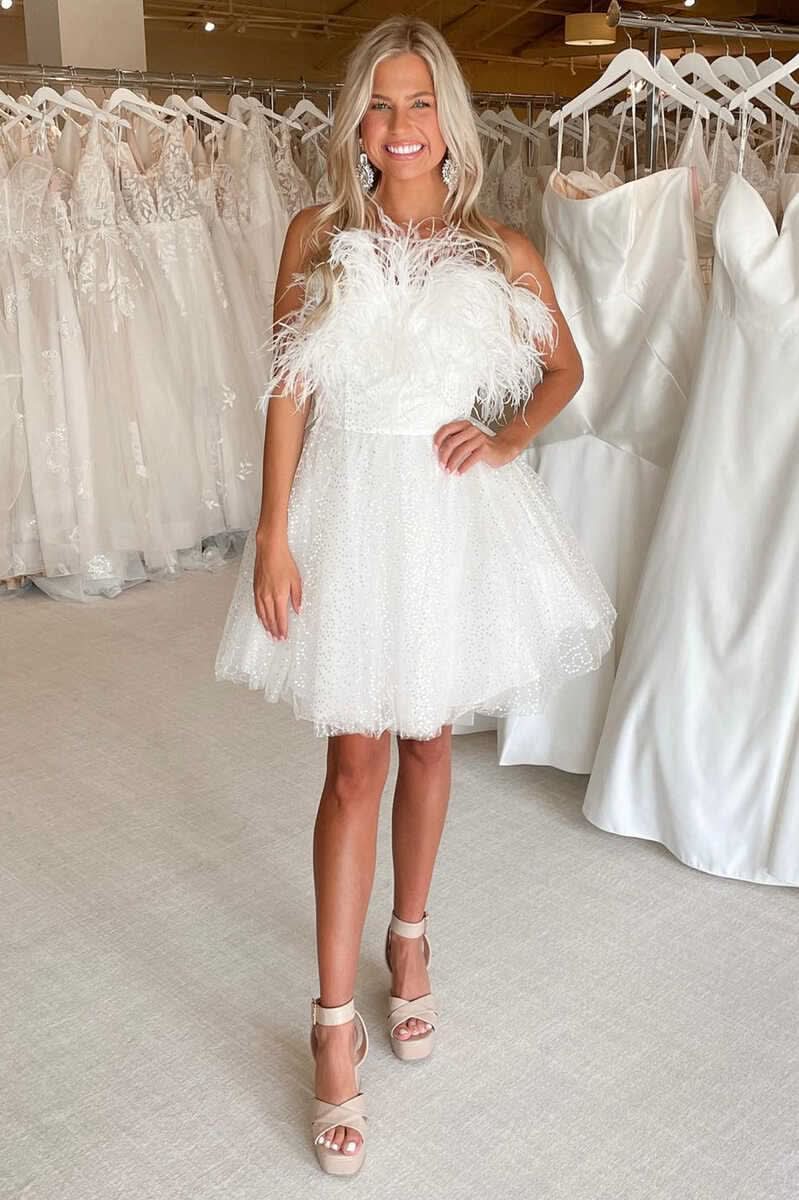 Elegant A-Line Black Sequin Feather Short Party Dress BM bride