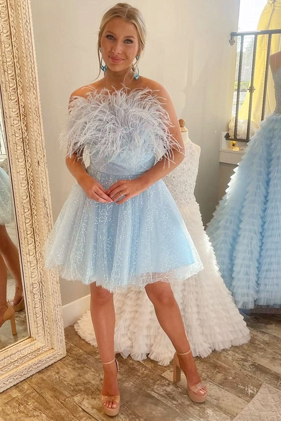Elegant A-Line Black Sequin Feather Short Party Dress BM bride