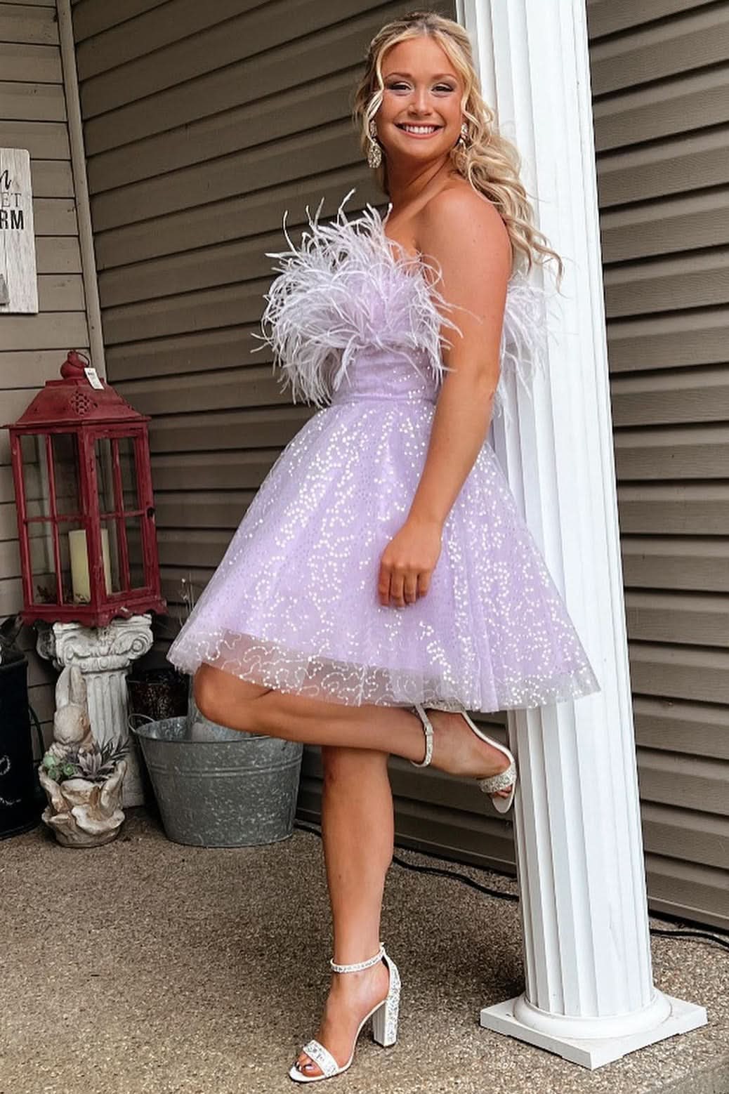 Elegant A-Line Black Sequin Feather Short Party Dress BM bride