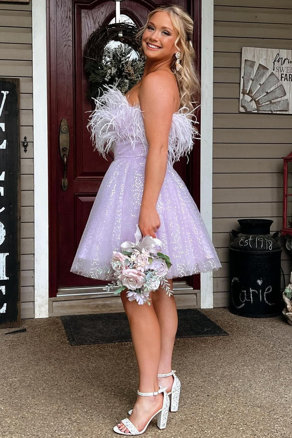 Elegant A-Line Black Sequin Feather Short Party Dress BM bride