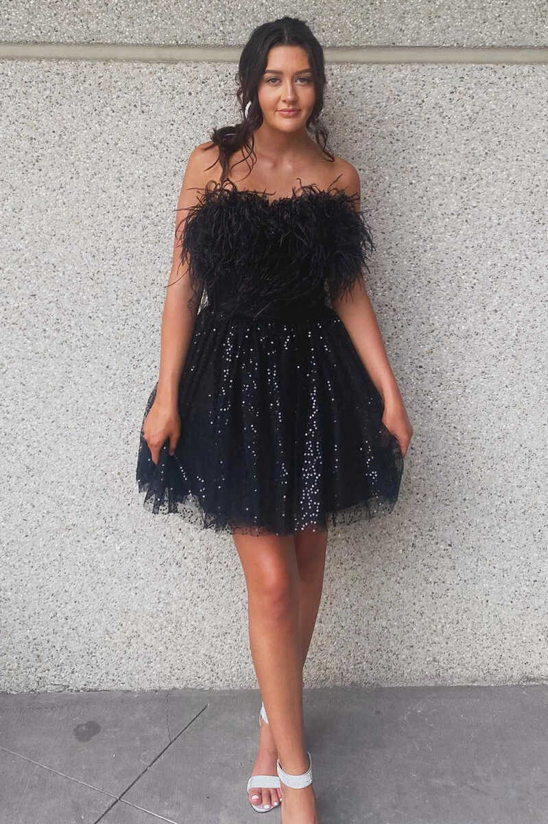 Elegant A-Line Black Sequin Feather Short Party Dress BM bride