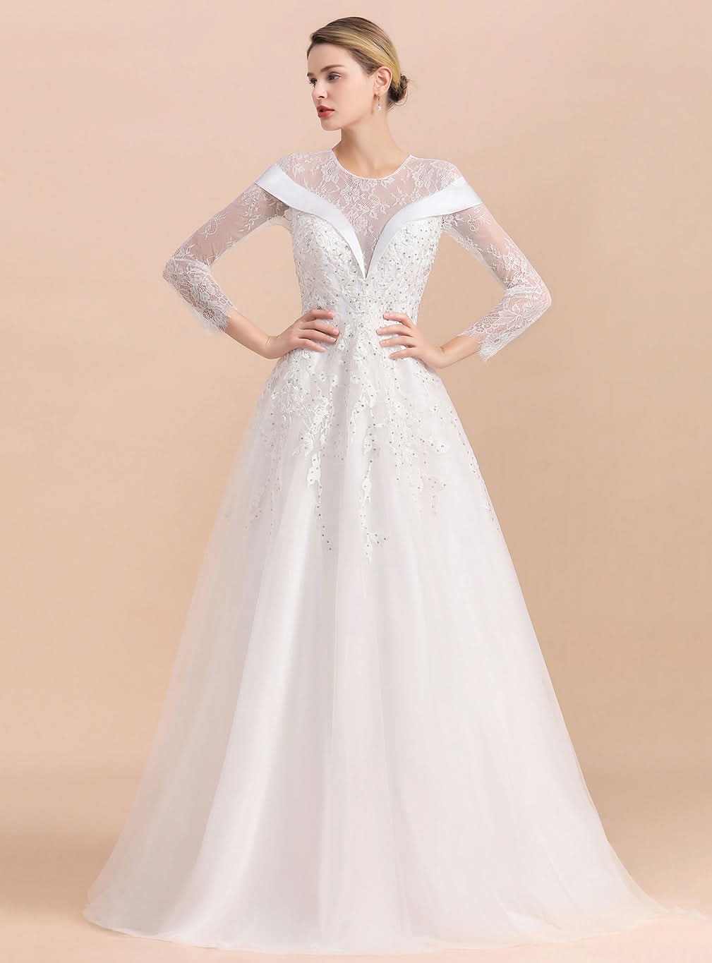 A-Line Crew Long Sleeves Lace Floor-Length Wedding Dress BMbride