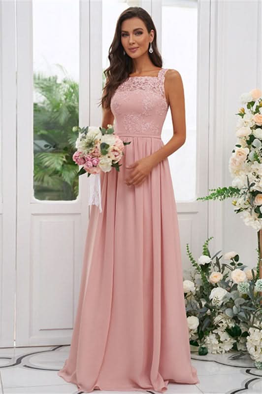 A-Line Elegant Chiffon Applique Square Sleeveless Floor-Length Bridesmaid Gowns BM bride