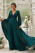 A-Line Elegant Chiffon Ruffles V-neck Long Sleeves Bridesmaid Gowns BM bride