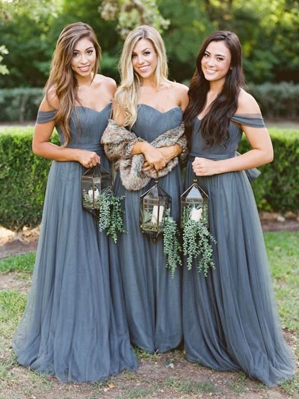 A-Line Elegant Floor-Length Tulle Ruffles Off-the-Shoulder Sleeveless Bridesmaid Gowns BM bride