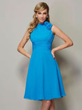A-Line Elegant High Neck Sleeveless Pleats Short Chiffon Bridesmaid Gowns BM bride