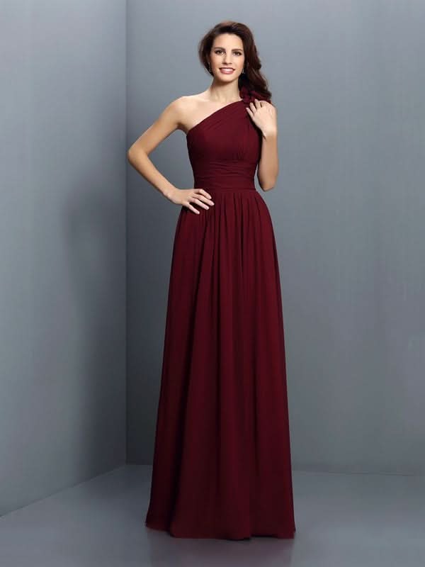 A-Line Elegant One-Shoulder Pleats Sleeveless Long Chiffon Bridesmaid Gowns BM bride