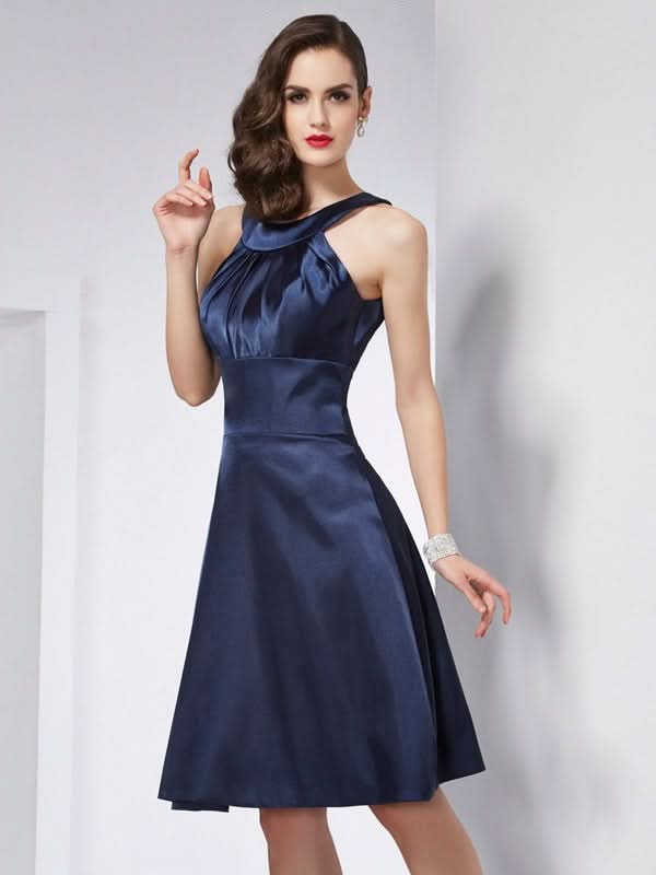 A-Line Elegant Scoop Sleeveless Pleats Short Elastic Woven Satin Bridesmaid Gowns BM bride