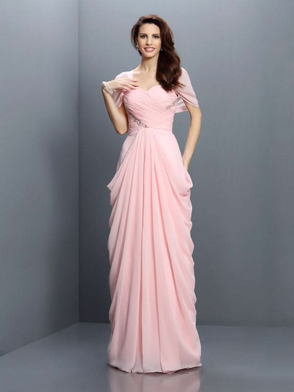 A-Line Elegant Sweetheart Pleats Short Sleeves Long Chiffon Bridesmaid Gowns BM bride