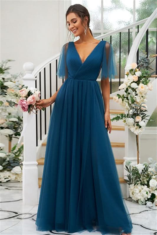A-Line Elegant Tulle Ruffles V-neck Short Sleeves Floor-Length Bridesmaid Gowns BM bride