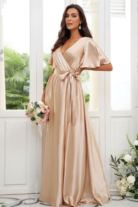 A-Line Elegant V-neck Short Sleeves Floor-Length Bridesmaid Gowns BM bride