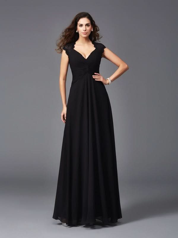 A-Line Elegant V-neck Sleeveless Long Chiffon Bridesmaid Gowns BM bride