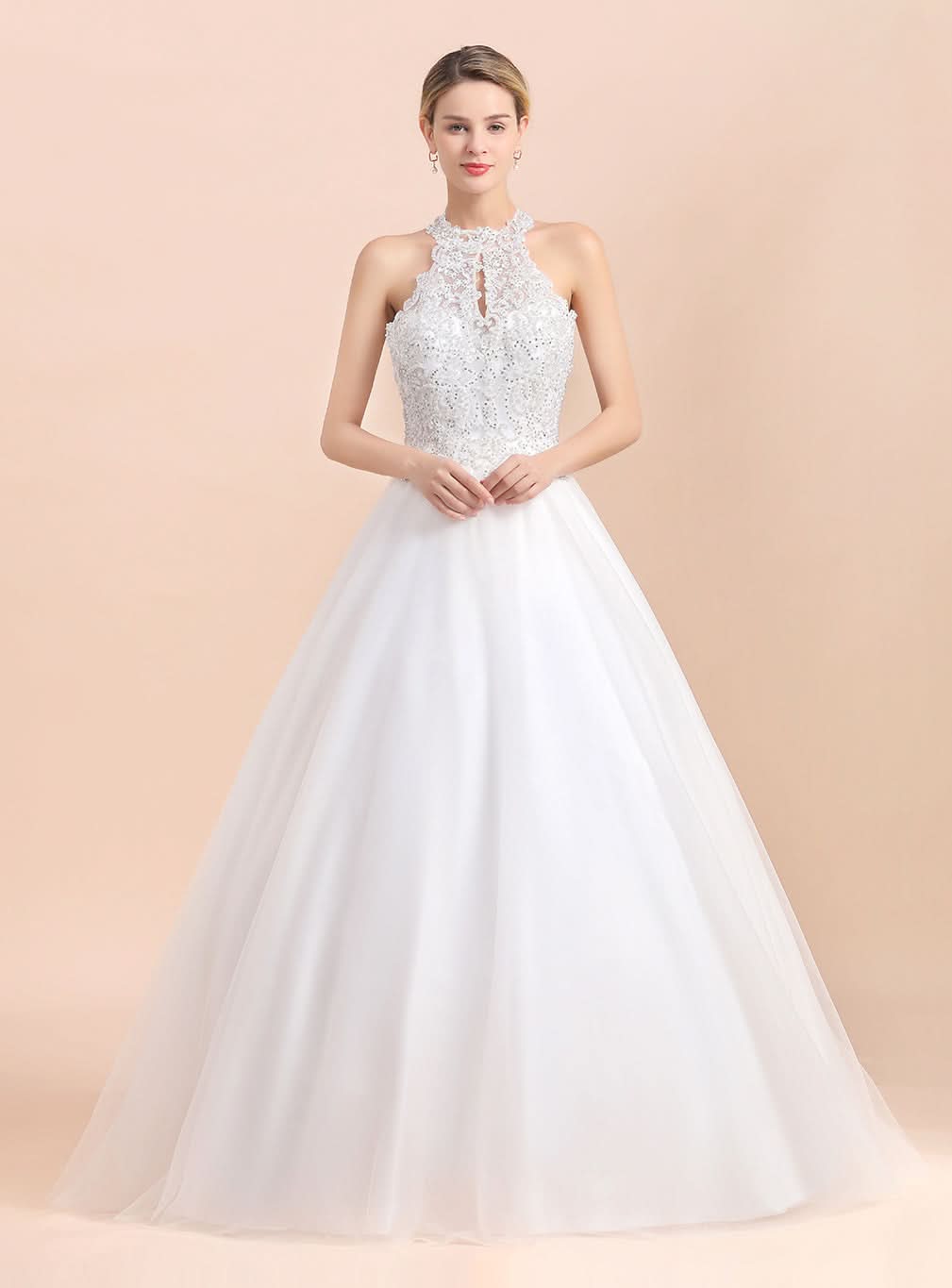A-Line High-Neck Sleeveless Lace Appliques Wedding Dress BMbride