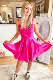 Vibrant Hot Pink Cowl Neck Lace-Up Short Homecoming Dress BM bride