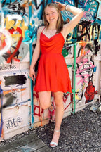 Vibrant Hot Pink Cowl Neck Lace-Up Short Homecoming Dress BM bride