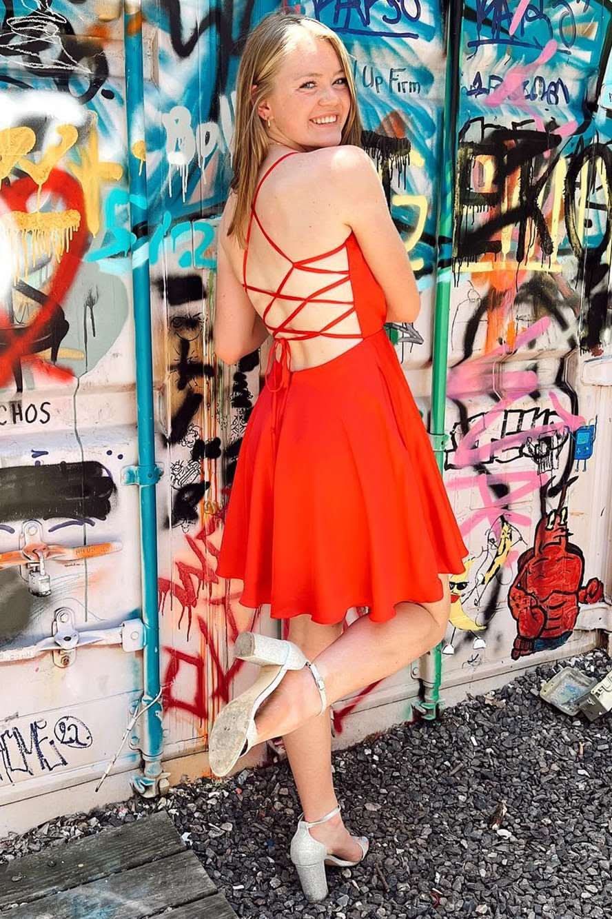 Vibrant Hot Pink Cowl Neck Lace-Up Short Homecoming Dress BM bride