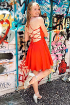 Vibrant Hot Pink Cowl Neck Lace-Up Short Homecoming Dress BM bride