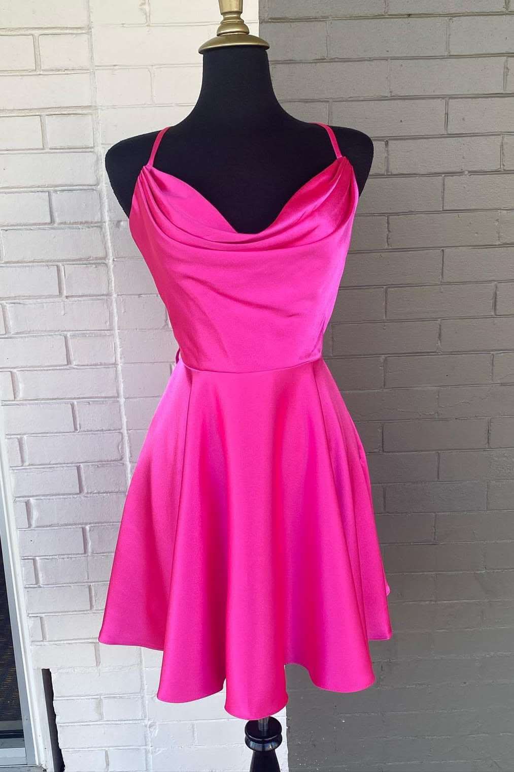 Vibrant Hot Pink Cowl Neck Lace-Up Short Homecoming Dress BM bride