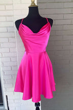 Vibrant Hot Pink Cowl Neck Lace-Up Short Homecoming Dress BM bride