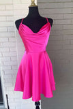 Vibrant Hot Pink Cowl Neck Lace-Up Short Homecoming Dress BM bride