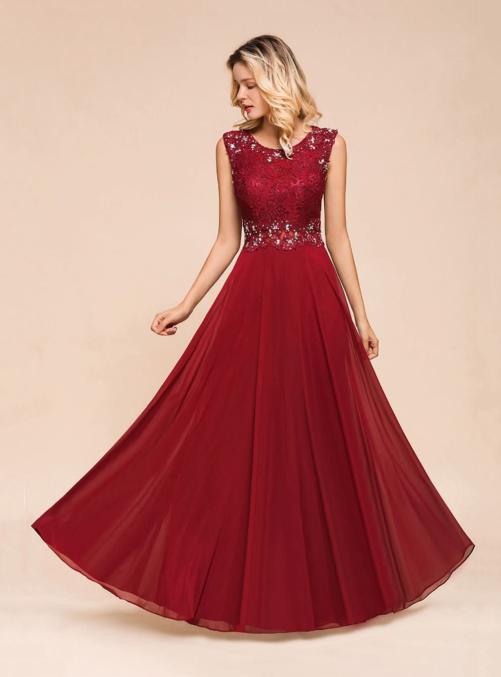 A-Line Jewel Lace Sleeveless Chiffon Dress BMbride