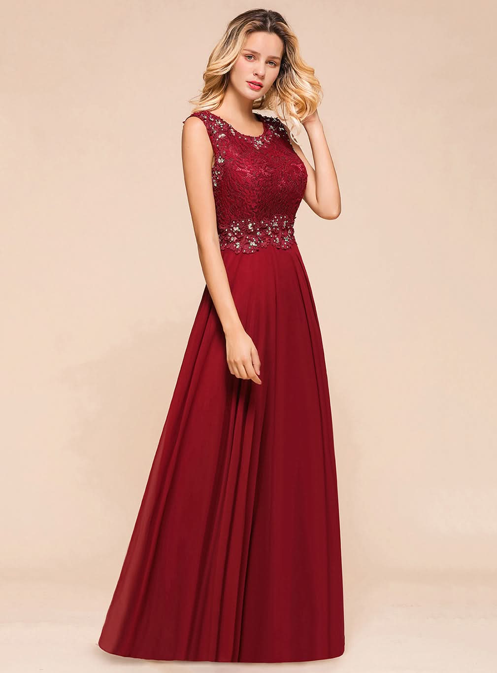 A-Line Jewel Lace Sleeveless Chiffon Dress BMbride