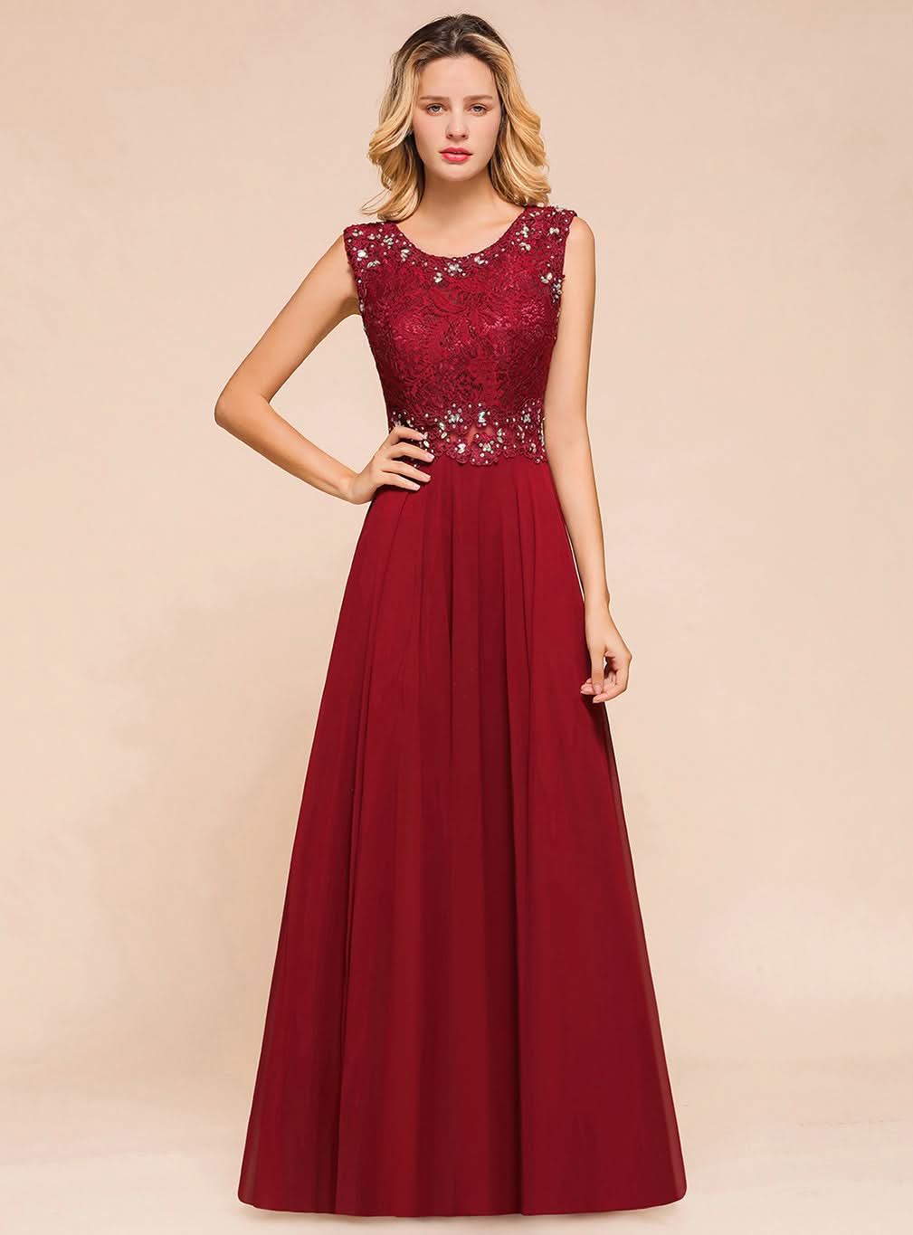 A-Line Jewel Lace Sleeveless Chiffon Dress BMbride