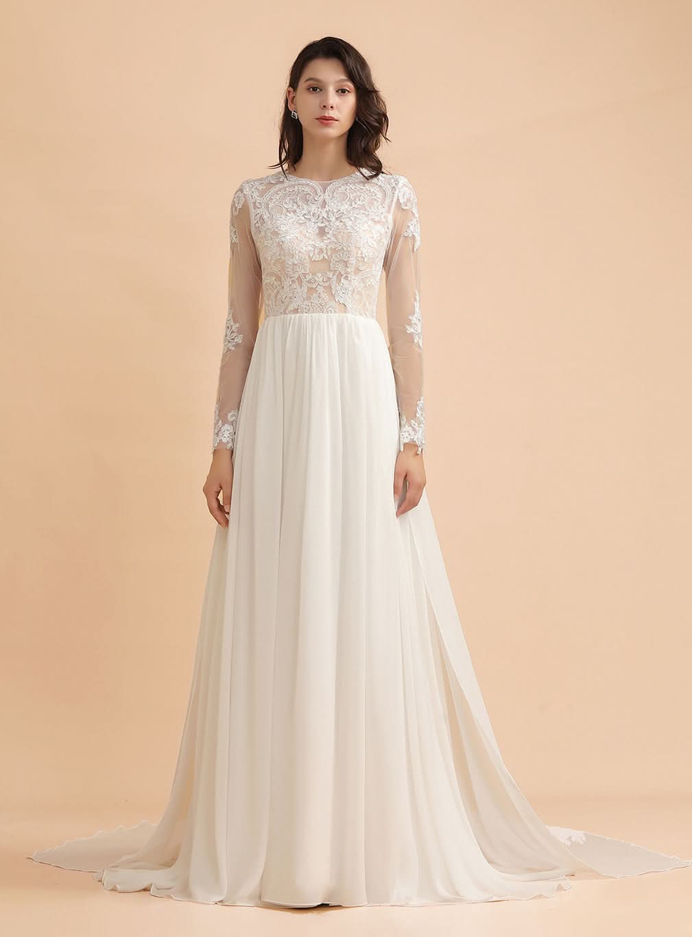 A-Line Jewel Long Sleeves Chiffon Lace Dress BMbride
