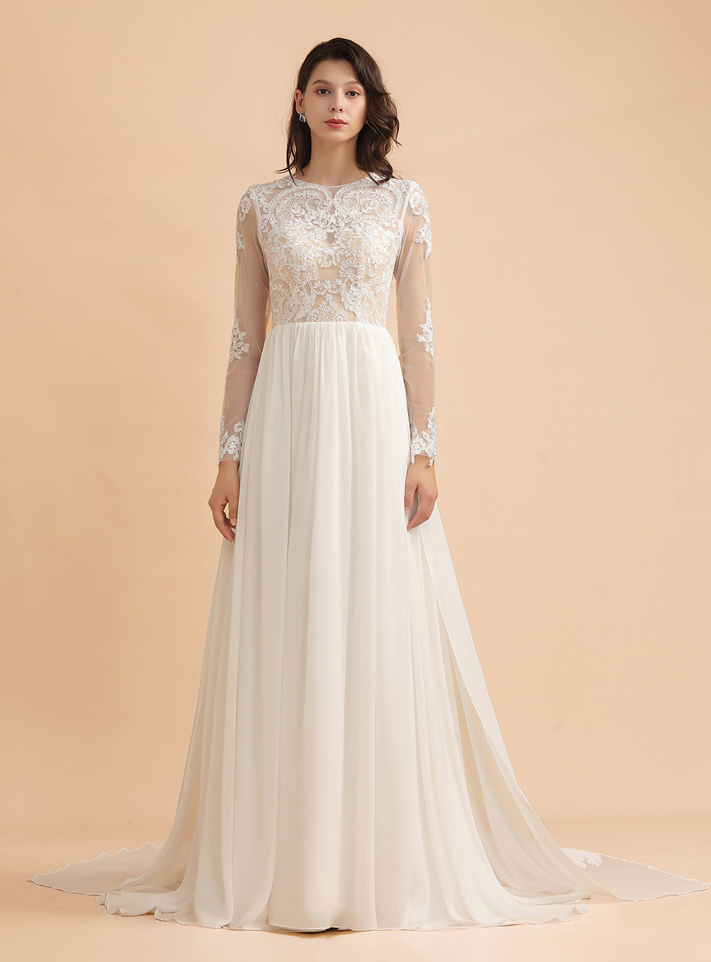 A-Line Jewel Long Sleeves Chiffon Lace Dress BMbride